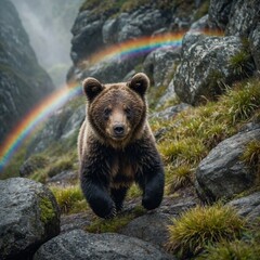 Fototapeta premium A bear cub with rainbow patches of fur leaping between mossy boulders in a misty canyon.
