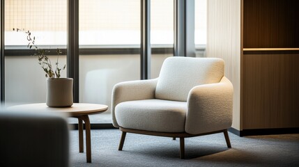 Minimalist modern lounge with refined, stylish decor. Featuring clean lines and muted tones