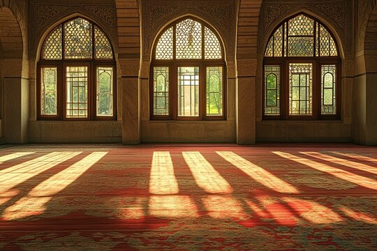 Sunlit prayer room interior with arched windows and patterned carpet.