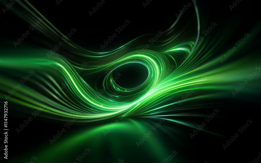 Poster abstract green glowing lines form a swirling pattern on a black background.