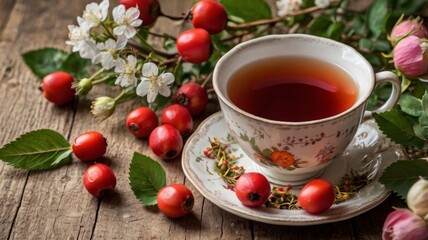 A soothing image of a cup of rosehip tea placed on a wooden table, surrounded by fresh rosehips and delicate flowers, highlighting the natural beauty and health benefits of this herbal infusion.