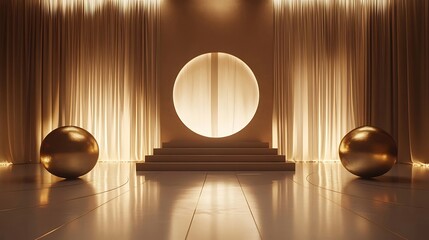 Elegant golden stage with spheres, curtains, and circular backdrop.