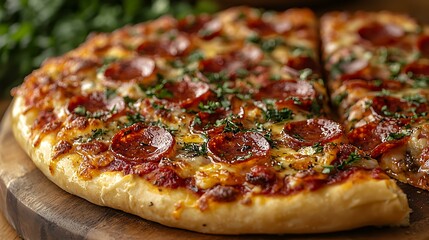 Delicious slice of pepperoni pizza with melted cheese and herbs, isolated on a yellow background