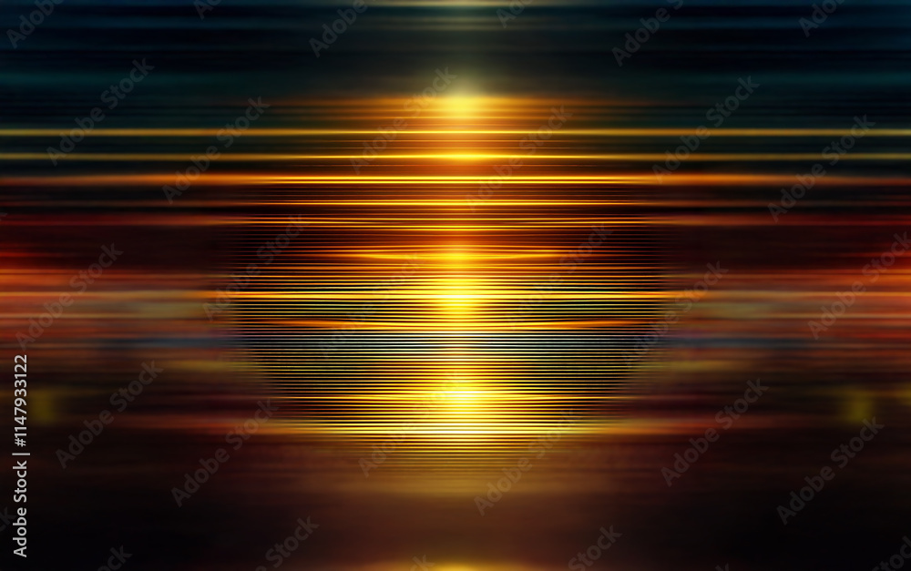 Poster abstract digital art with horizontal streaks of light, dark background, and a single bright light so