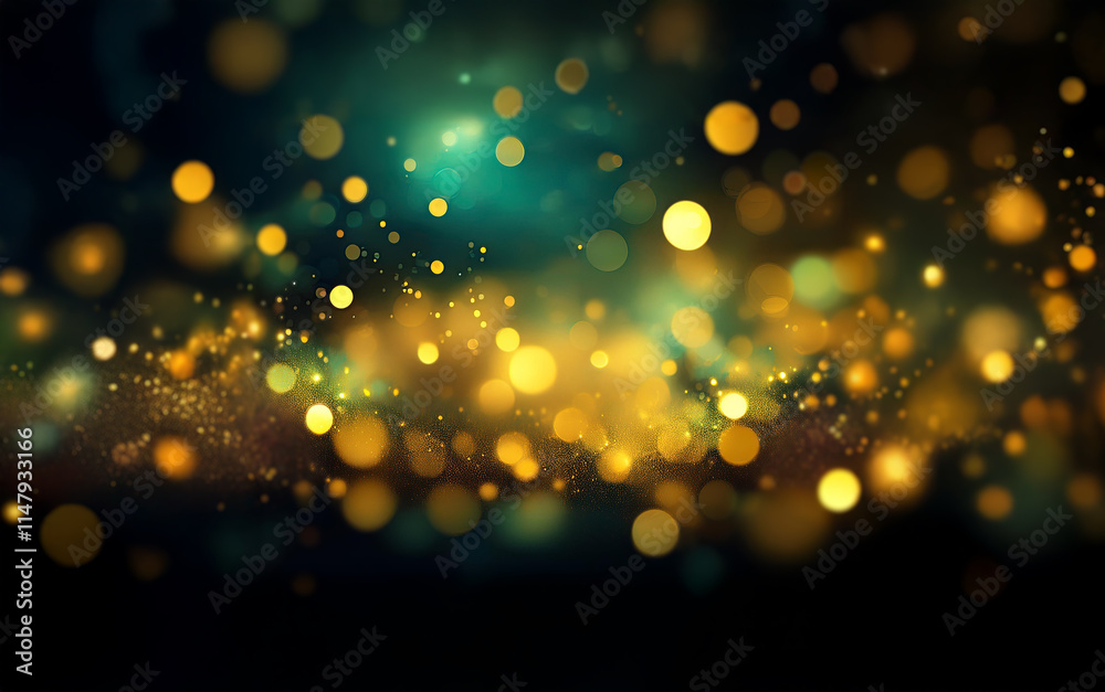 Poster abstract background with a dark blue and green gradient filled with out-of-focus golden light.