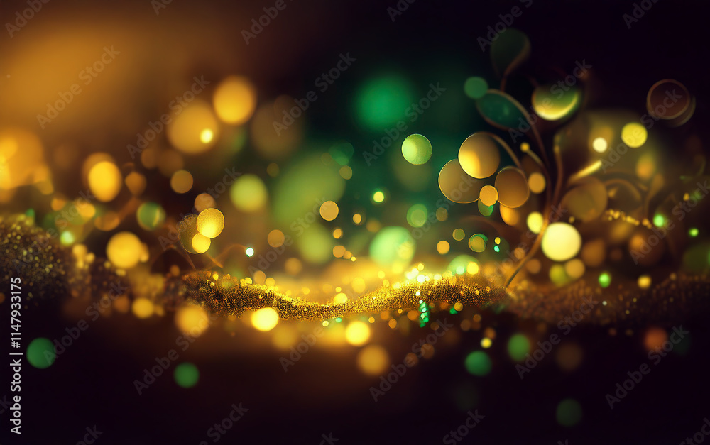 Poster Abstract digital art with green and gold bokeh. The bokeh appears to be emanating from plants or trees.