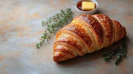 Freshly baked croissant with butter, isolated on a beige background