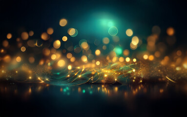 A dark background with glowing lights and blurred shapes.