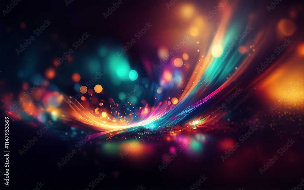 Poster abstract colorful streaks of light and bokeh against a dark background.