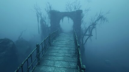 Fototapeta premium Ancient Stone Bridge Leading Through Misty Ruins