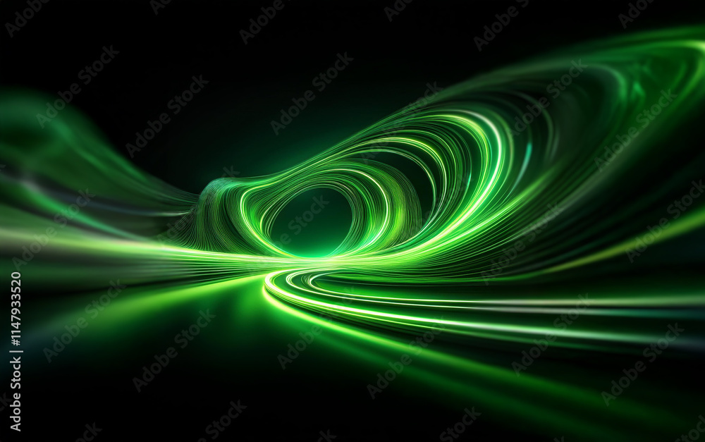 Poster abstract digital art with glowing green lines forming a swirling vortex.