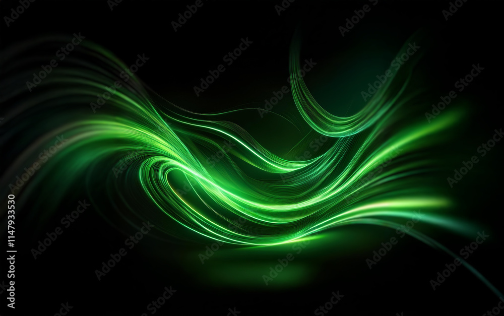 Wall mural abstract glowing green lines on a black background, forming a dynamic wave-like pattern.