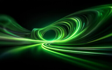 Abstract digital art with glowing green lines forming a swirling vortex.