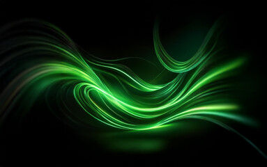 Obraz premium Abstract glowing green lines on a black background, forming a dynamic wave-like pattern.