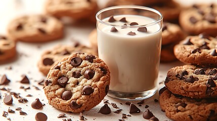 Glass of fresh milk with chocolate chip cookies, masterpiece, ultra realistic, 8k, best quality, isolated on a soft white background