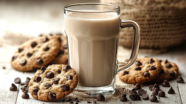 Glass of fresh milk with chocolate chip cookies, masterpiece, ultra realistic, 8k, best quality, isolated on a soft white background - Powered by Adobe