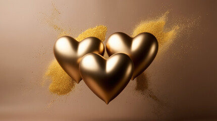 Fototapeta premium Golden hearts hovering with sparkling details on a mocha brown background for Valentine's Day
