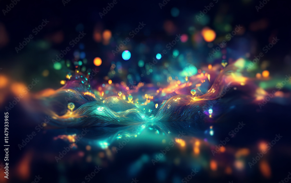 Poster abstract digital art featuring glowing waves of liquid in vibrant colors with scattered, out-of-focu