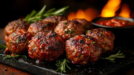 Golden-brown meatballs with marinara sauce, isolated on a fiery red background