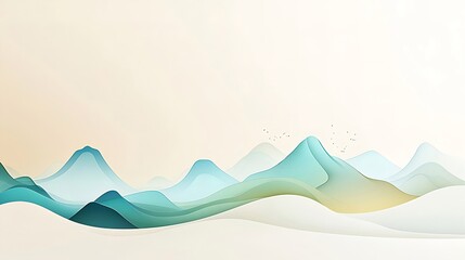 Abstract minimalist landscape with teal and beige mountains and birds.