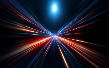 A long exposure photograph of a highway at night, showing bright streaks of light from cars traveling at high speeds. The image is centered on a single bright blue light, suggesting a distant destinat