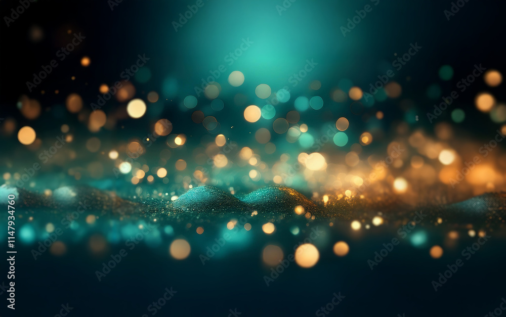 Poster A  dark background with a soft, glowing teal light emanating from the top of the frame. The light illuminates a textured surface, creating a shimmering effect with bokeh lights.