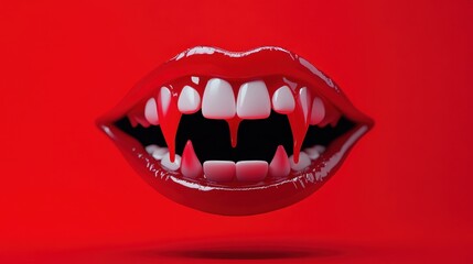 Naklejka premium Sexy Vampire Woman lips with blood,Dripping blood on mouth, witches or beast creatures,female lips with fangs,horror holiday monsters,Vampire makeup Fashion Art design,Halloween banner background.