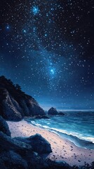 Night Sky Over Coastal Rocks and Sandy Beach