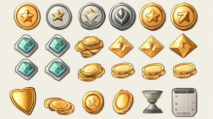 Game icons cartoon coins of gold, silver and bronze, golden trophy cup, rate stars, shield with mystic sign, magnet, calendar, award medal and money stack for user experiense Vector illustration, set