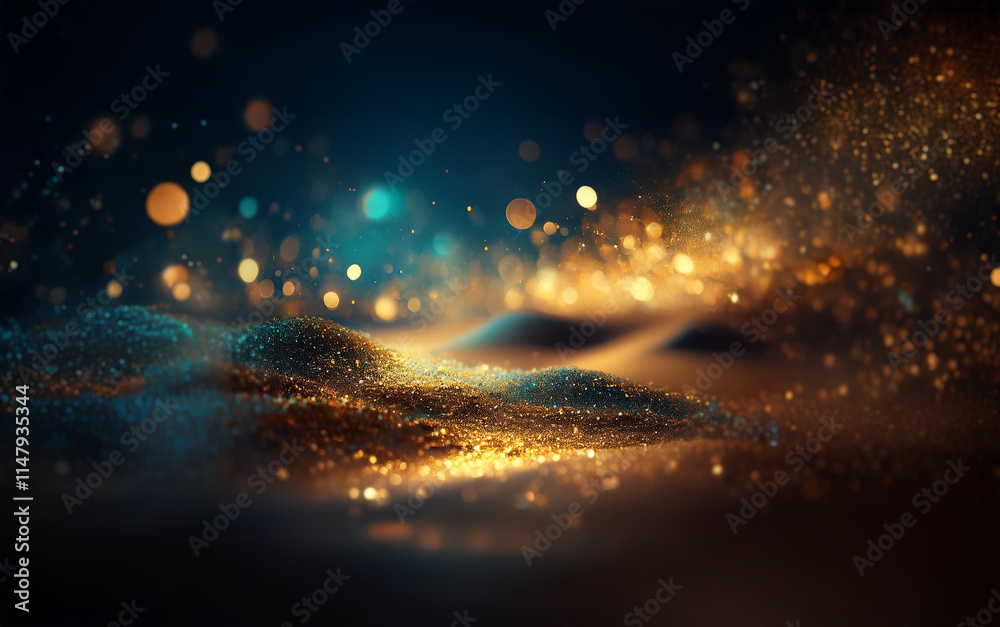 Poster a dark background with a layer of glowing gold and blue glitter, with out-of-focus bokeh lights.
