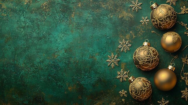 Elegant art deco design Christmas card with golden baubles snowflake accents and subtle textures on rich green surface