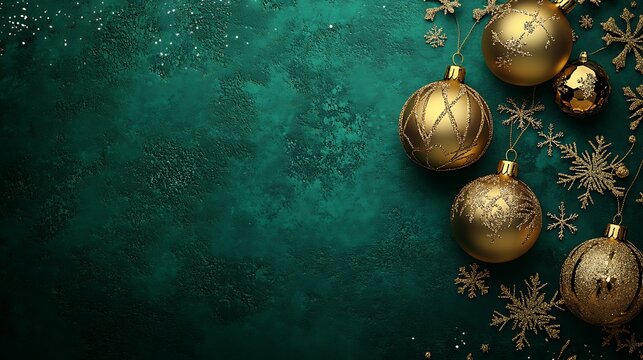 Elegant art deco design Christmas card with golden baubles snowflake accents and subtle textures on rich green surface