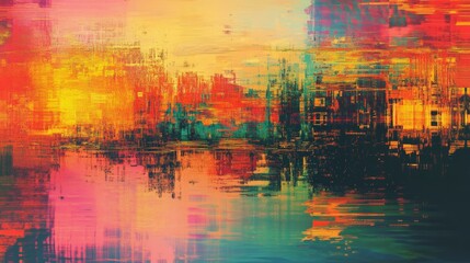 Fototapeta premium A colorful abstract painting with vivid hues and dynamic brushstrokes, reflecting beautifully on a serene water surface.