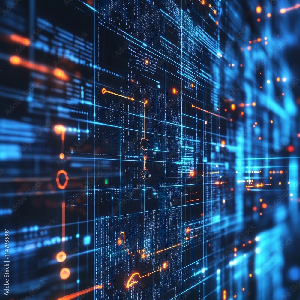 Poster exploration of digital data flow in a futuristic network environment with vibrant blue and orange li