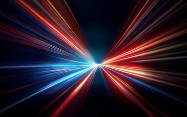 A long exposure photograph showing streaks of red, orange, and blue light converging in the center.