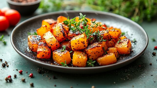 Plate of roasted vegetables with a sprinkle of herbs, isolated on a light green background