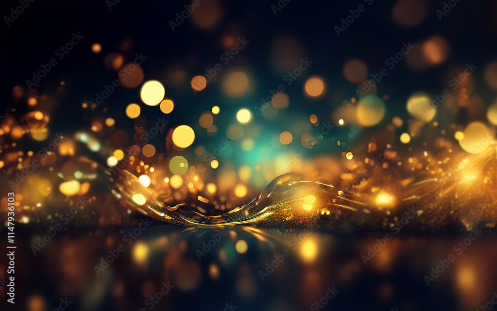 Poster Abstract image of shimmering, liquid gold in a dark setting with bokeh lights.