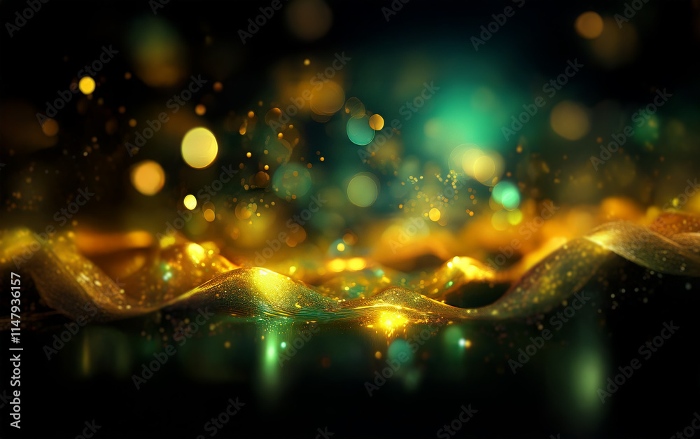 Poster abstract digital artwork of a golden wavy line with a green and gold bokeh background.