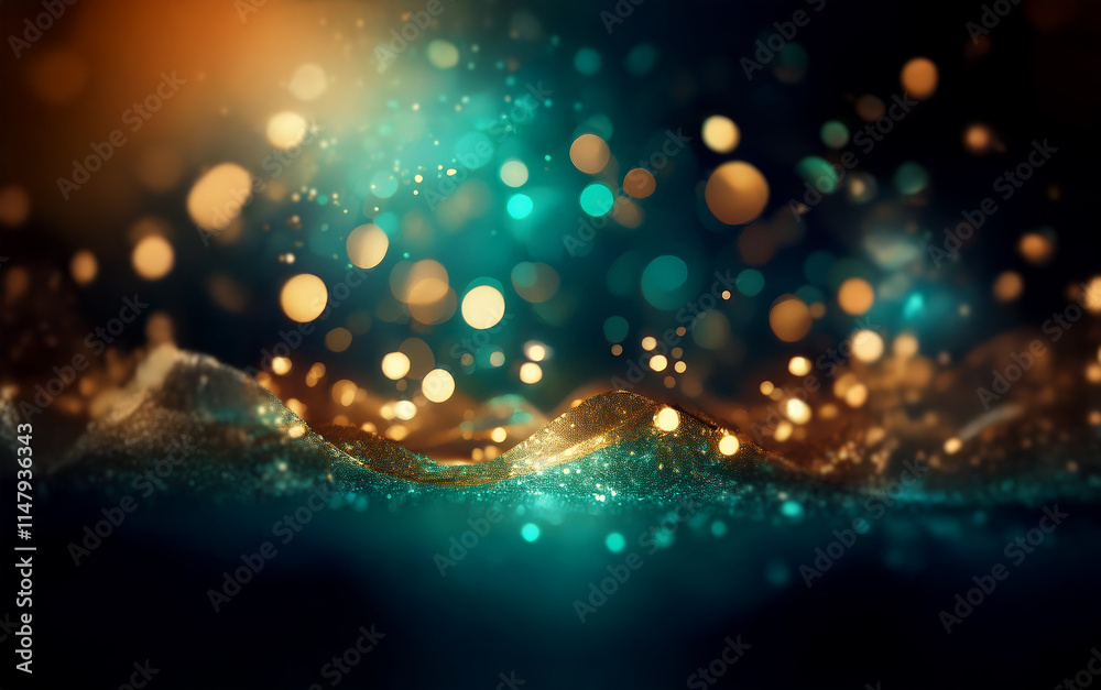 Aufkleber Abstract background with golden and blue bokeh lights shining on a textured surface.