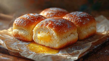 Soft bread rolls with a pat of melting butter, masterpiece, ultra realistic, 8k, best quality, isolated on a light tan background