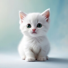 Obraz premium Cute white kitten with curious eyes on a soft blue background. A versatile image for creative and commercial projects with a clean, minimalist aesthetic