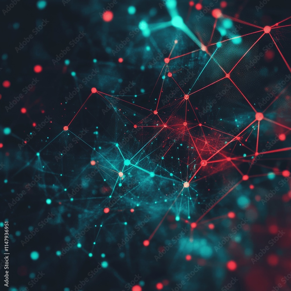 Poster digital network visualization showcasing interconnected nodes and vibrant colors in a futuristic set