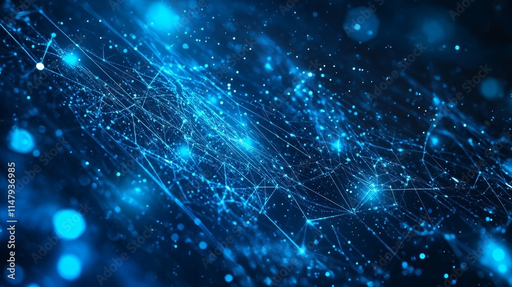 Poster abstract digital network visualization showcasing interconnected nodes and data flow with a vivid bl