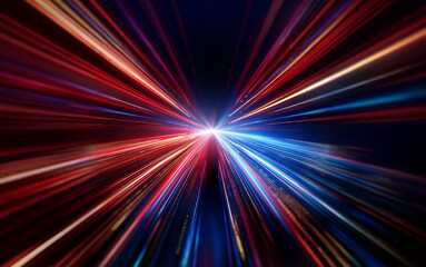 Abstract image of a bright light surrounded by streaks of red, blue, and white light.