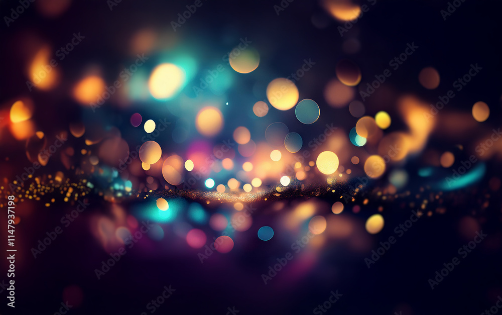 Poster a dark background with bokeh lights in various colors creating a festive and celebratory feel.