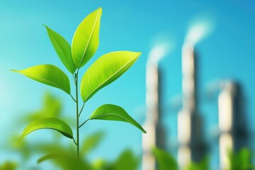Obraz premium Carbon neutral concept. Fresh green leaves with industrial smoke stacks in the background symbolizing nature versus pollution.