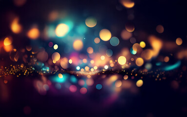 A dark background with bokeh lights in various colors creating a festive and celebratory feel.