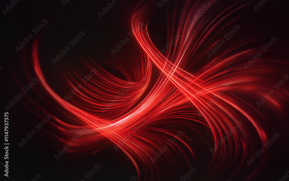 Poster a swirling abstract design composed of bright red lines and curves against a dark black background.