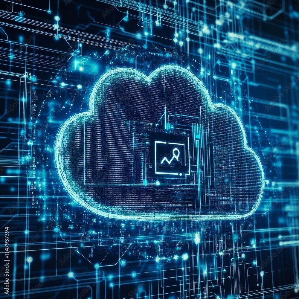 Poster digital visualization of a cloud icon connected to data networks illustrating cloud computing techno