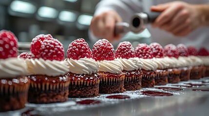 Fototapeta premium A chef piping whipped cream onto a row of desserts, masterpiece, ultra realistic, 8k, best quality, isolated on a professional kitchen surface